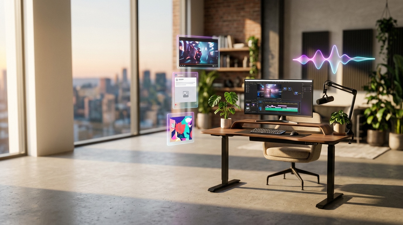 A modern content studio with AI-generated video, posts, images and voice